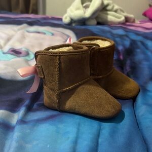 UGGS Brown Suede Kids Boots with Pink Ribbon